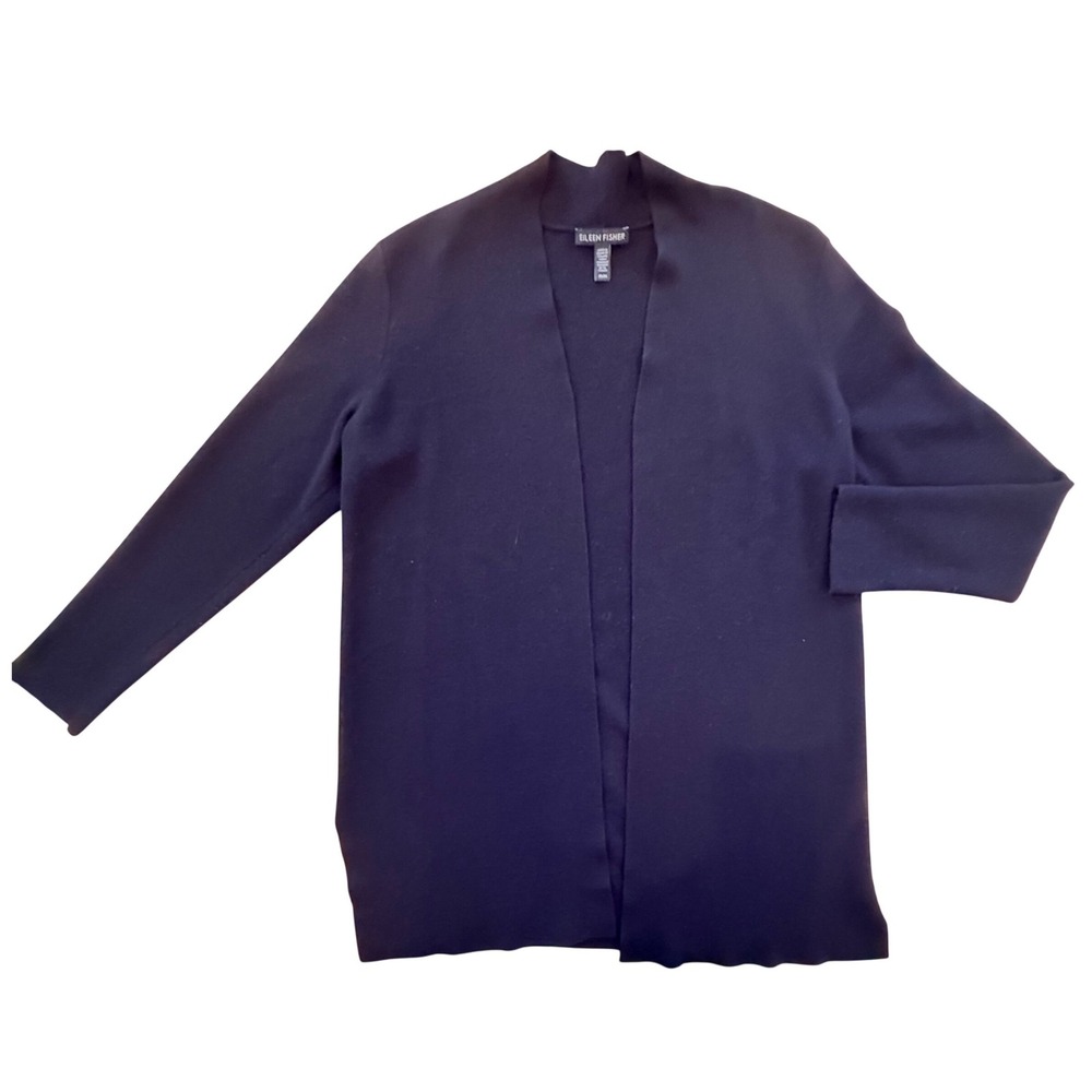 Eileen Fisher Quiet Luxury Black Superfine Merino Wool Open Cardigan Sweater‎ M